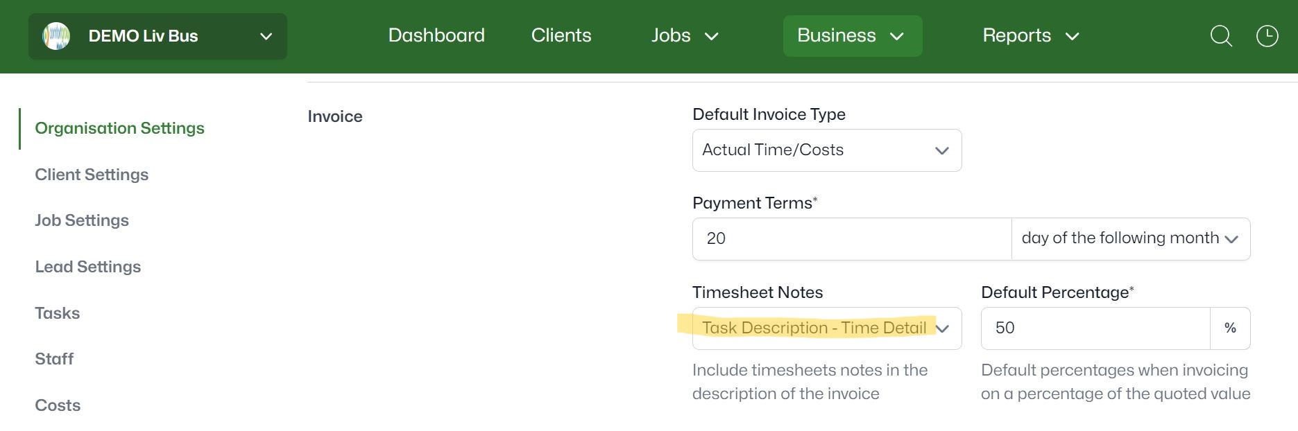 WorkflowMax Organisation Settings - Timesheet Detail