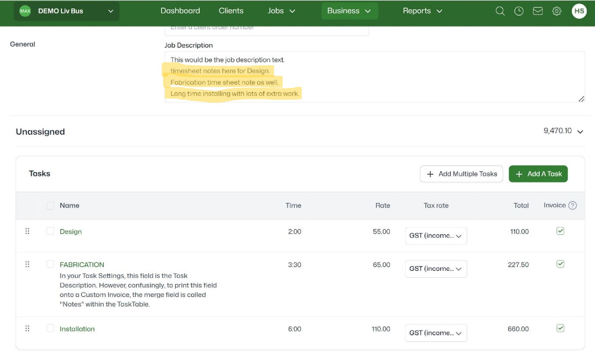 WorkflowMax Organisation Settings - Invoice Desc Timesheets