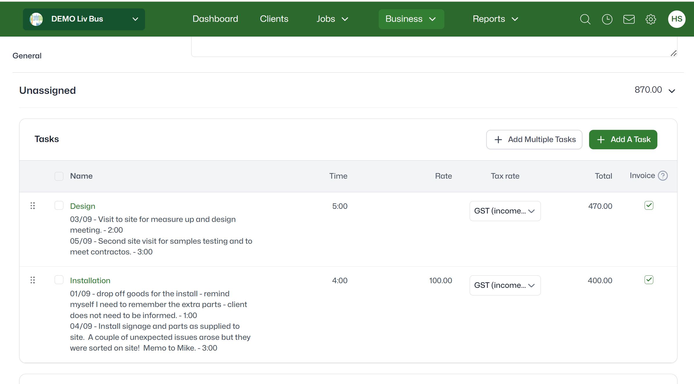 Timesheet Detail on Draft Invoice