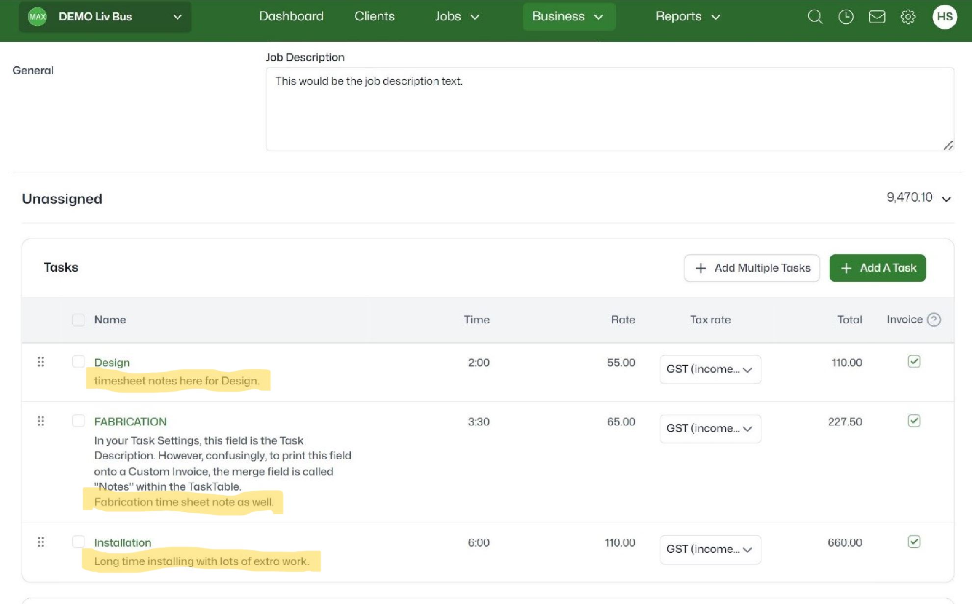 WorkflowMax Organisation Settings - Task Description Timesheet Notes Only